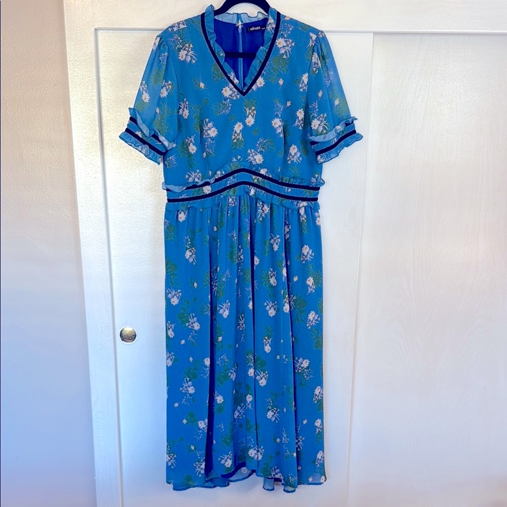 👗 eShakti Daisy Cottagecore Floral Fit & Flare Vevlet Trim Midi Dress 16 XL